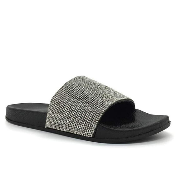 FUNKYMONKEY Women's Slides Rhinestone Glitter Slip On Footbed Platform Sandals (11 M US, Black)