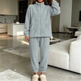 thumbnail image 6 of Womens Sherpa Fleece Pajamas Cozy Warm 2 Piece Fall Winter Outfits Soft Fluffy Loungewear Sets Mock Neck Zip Up Sweatshirt Jogger Pants with Pockets, Light Blue, M, 6 of 9