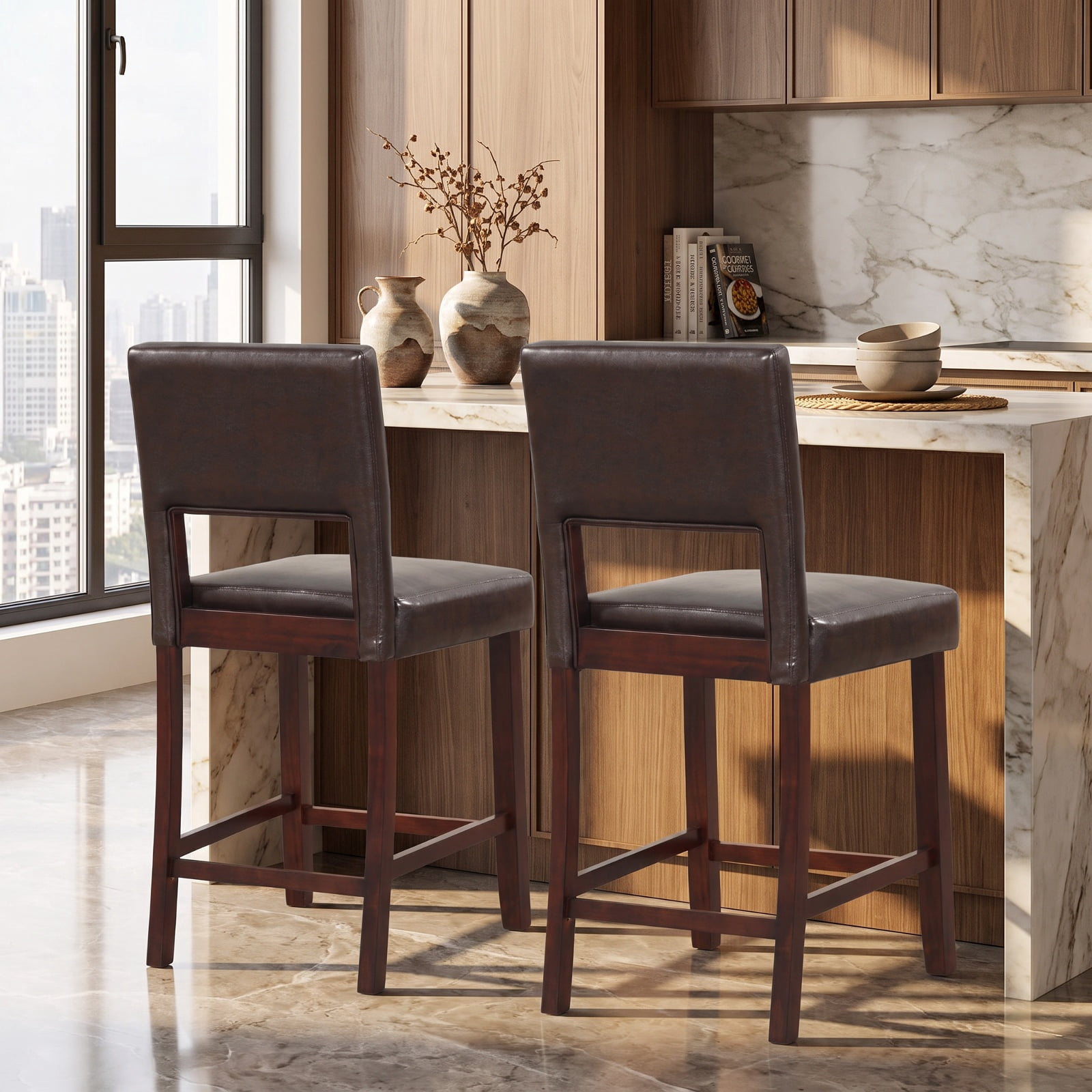 Furnibear Set of 2 Bar Chairs with Hollowed Back and Rubber Wood Legs in Brown
