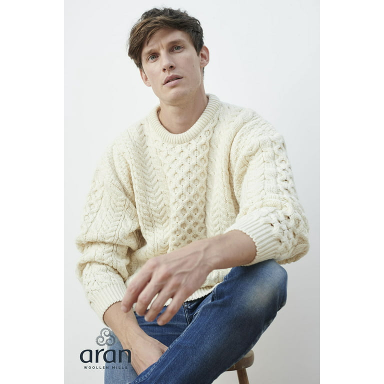 Aran Men's Traditional Sweater 100% Premium Merino Wool Irish Fisherman  Pullover Made in Ireland