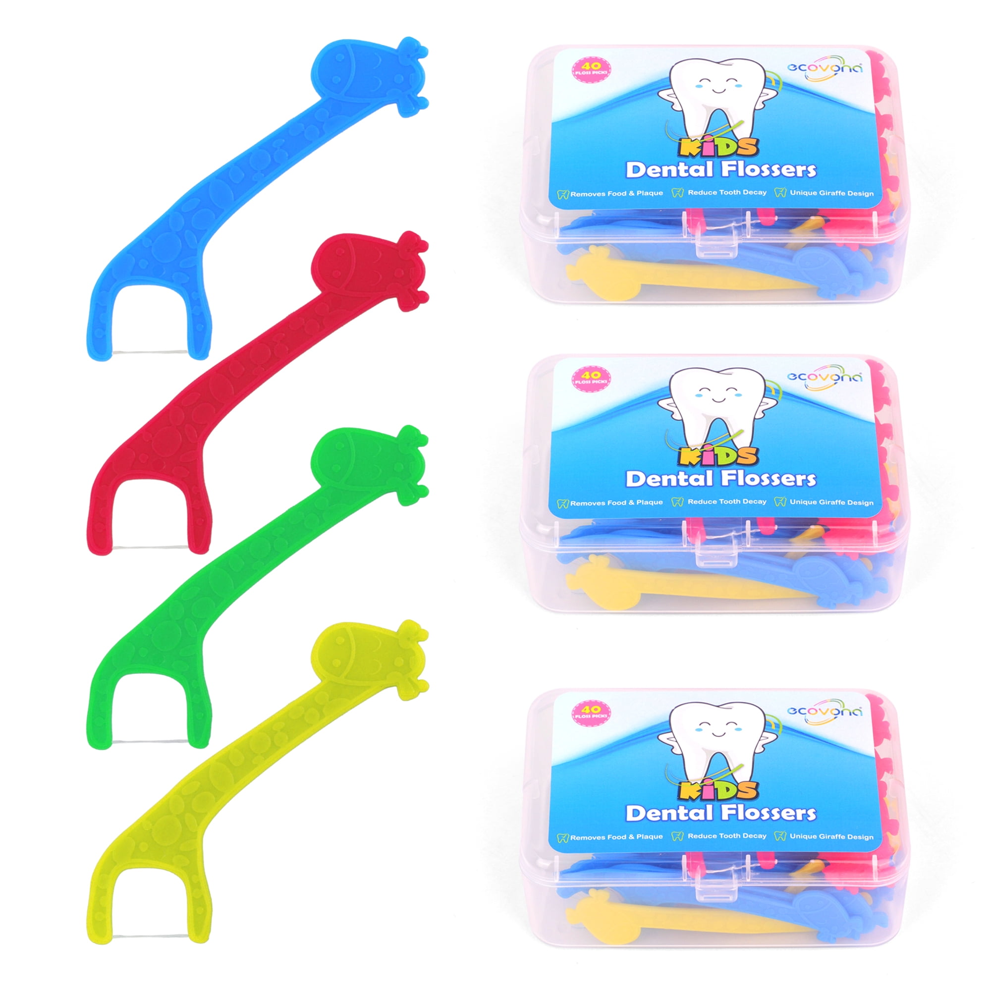 Ecovona- Kids Dental Floss Picks | 3 Travel Packs 40 Each (120 Count) | Giraffe Shapes 4 Colors Makes Flossing Fun | Encourages Kids to Floss More Frequently (3) Brand: