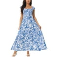 thumbnail image 1 of Vestidos de playa bohemios de verano INSPIRE CHIC para mujeres con escote cuadrado, sin mangas, con volantes, florales y fluidos L Azul, 1 of 6