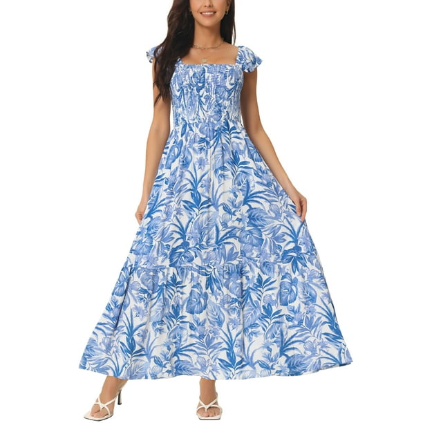 INSPIRE CHIC Vestidos de playa bohemios de verano para mujeres, con escote cuadrado, sin mangas, con volantes, florales, fluidos, maxi, color azul