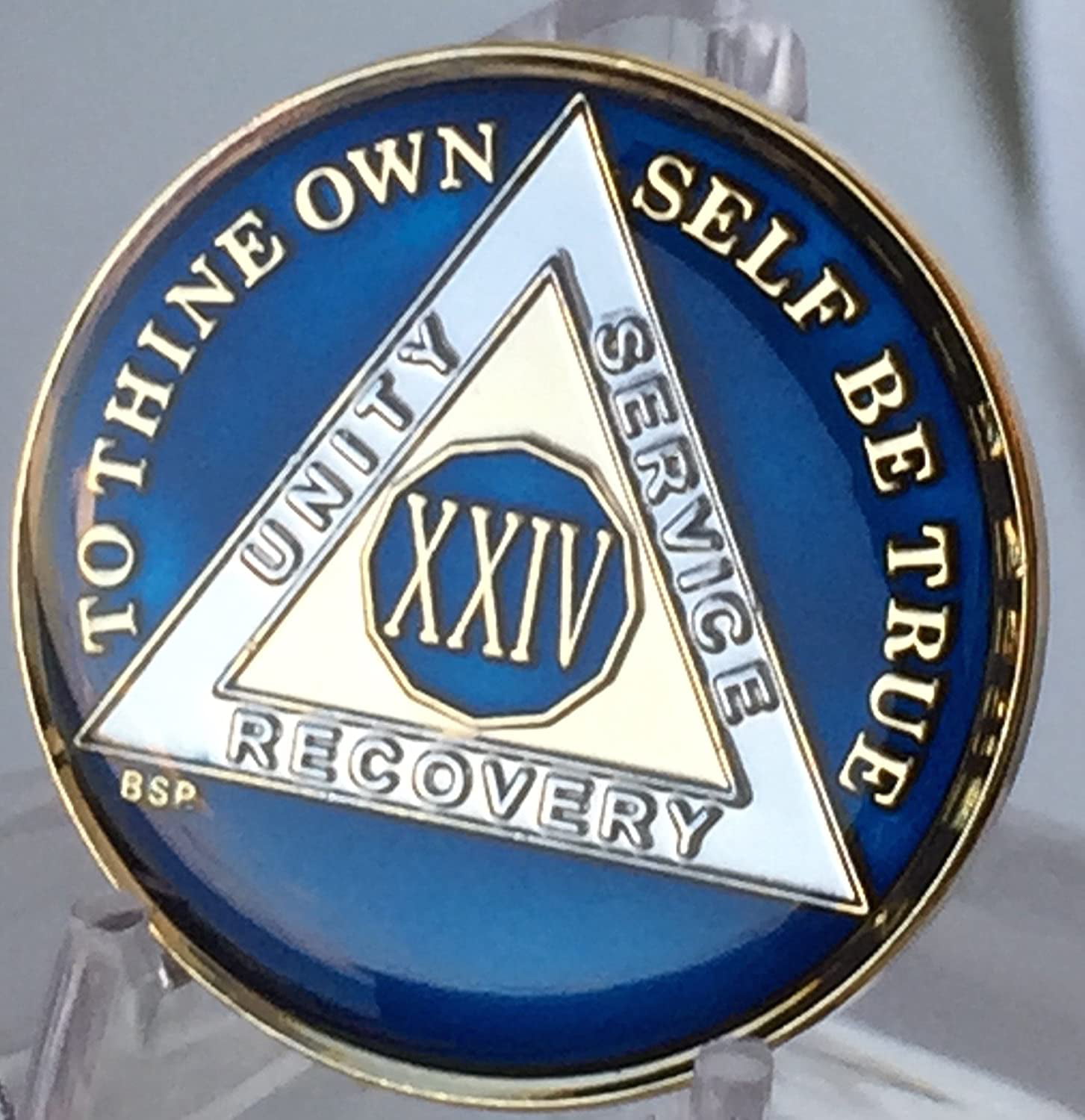 Bright Star Press 20 Year Midnight Blue AA Alcoholics Anonymous Medallion Chip Tri Plate Gold & Nickel Plated Serenity Prayer