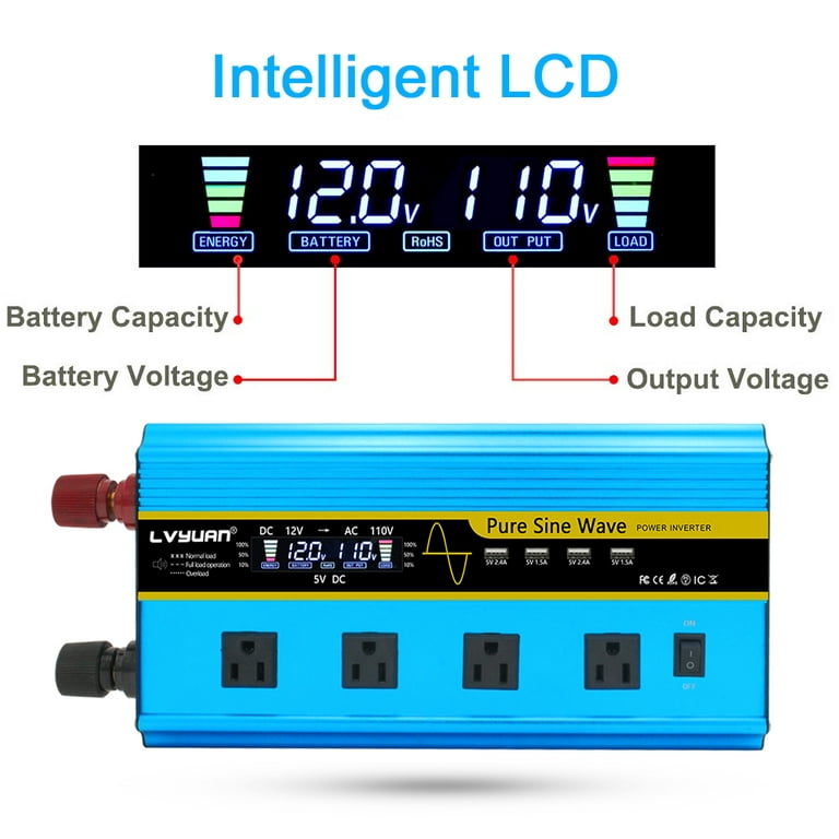 3000W Pure Sine Wave Inverter DC 12V to AC 110V with Remote Controller, LCD  Display DC to AC Converter For RVs & Campers For USA – LVYUAN