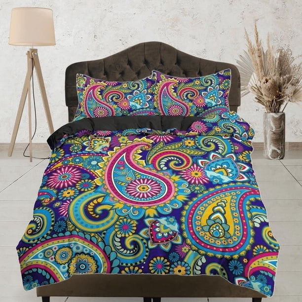 Colorido paisley rosa azul juego de funda nórdica, decoración de la habitación estética juego de cama