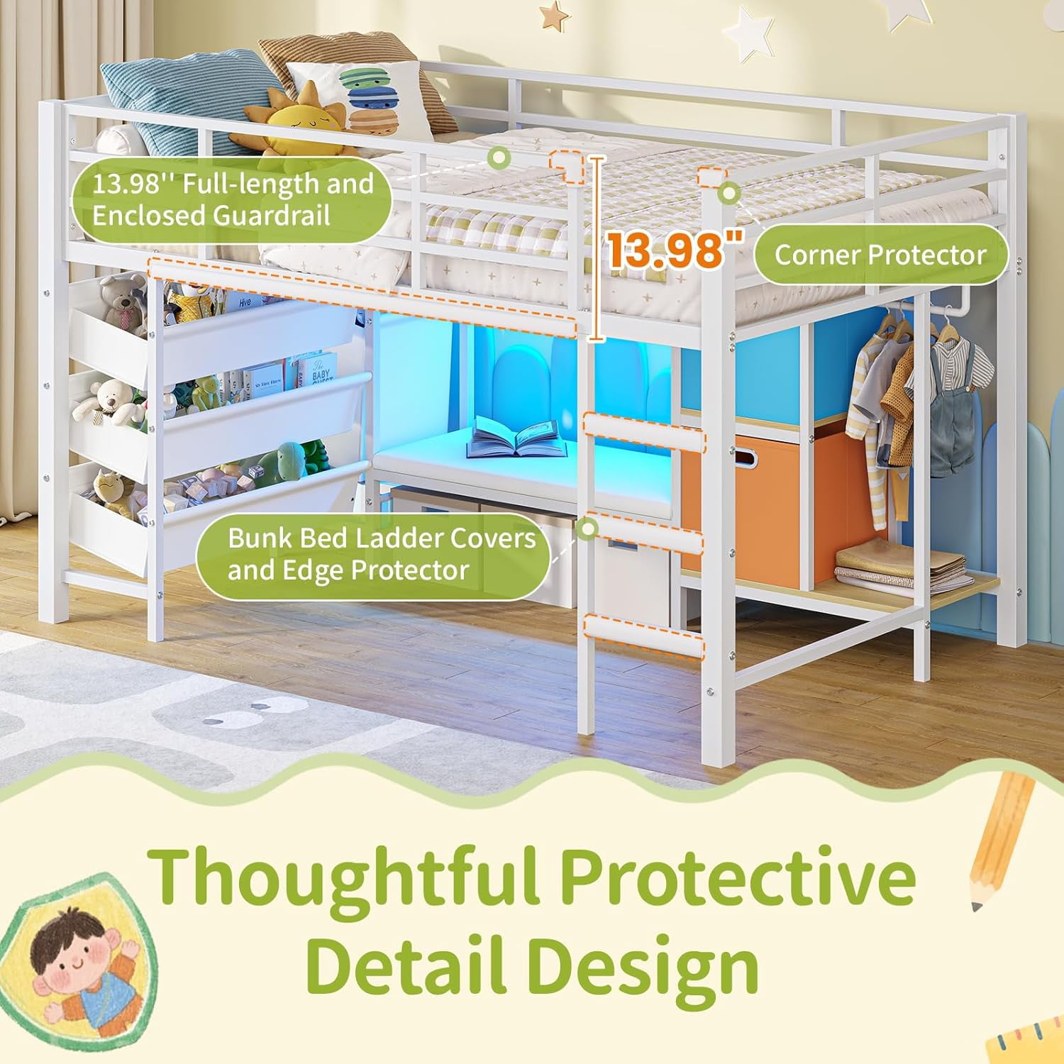Mabor Twin Size Loft Bed with LED Lights & Reading Bench, Metal Loft Bed Frame with Bookshelf & Storage Basket & Stairs & Full-Length Guardrail for Bedroom, White