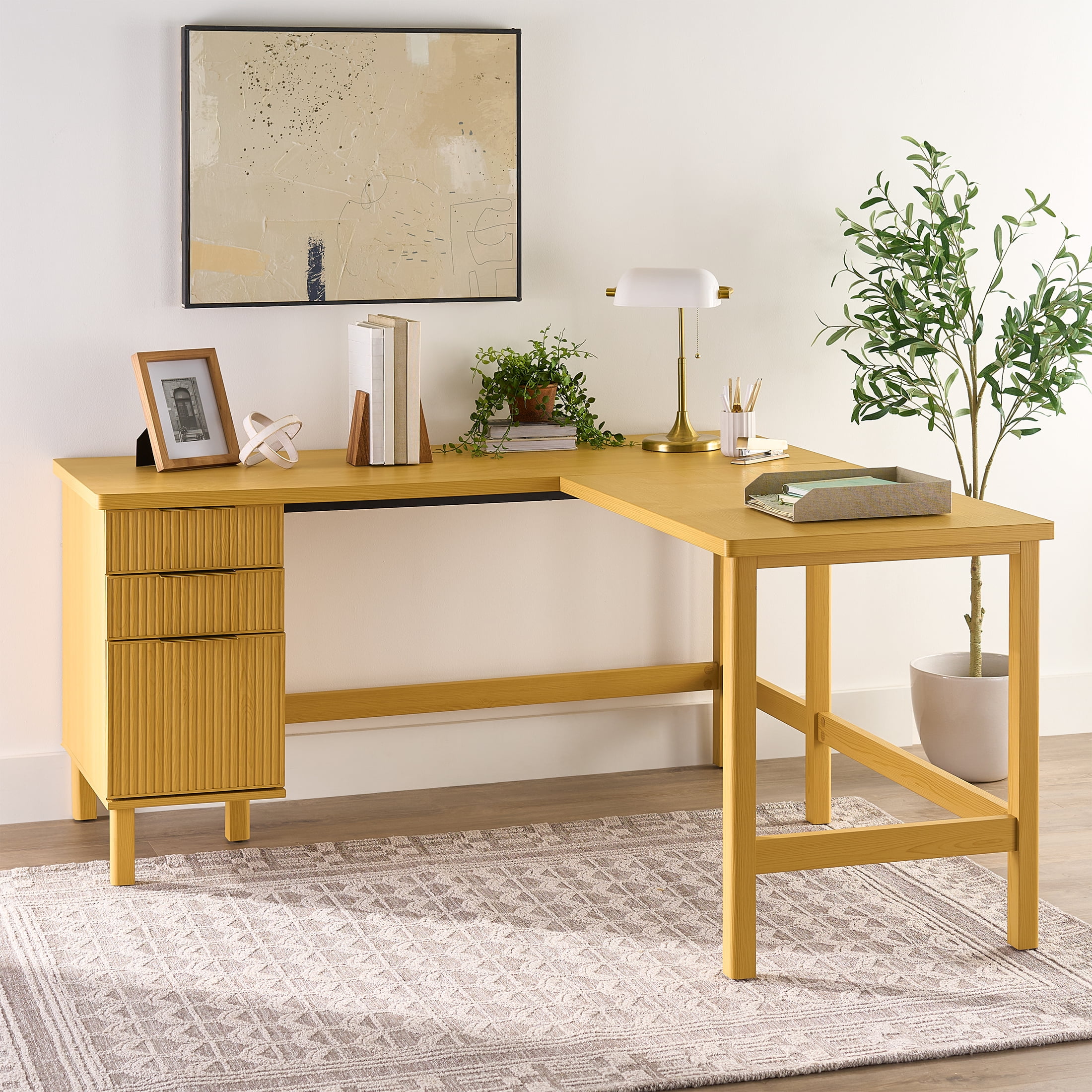 Better Homes & Gardens Lillian Fluted L-Shape Desk, Natural Pine