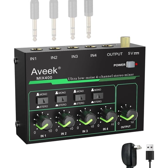 Aveek 4 Channel Mixer - Mini 4 Stereo Audio Mixer, Low-Noise for Precision Sub-Mixing,1/4" TRS Input/Output Ideal for Mics/Guitars/Bass/Stage