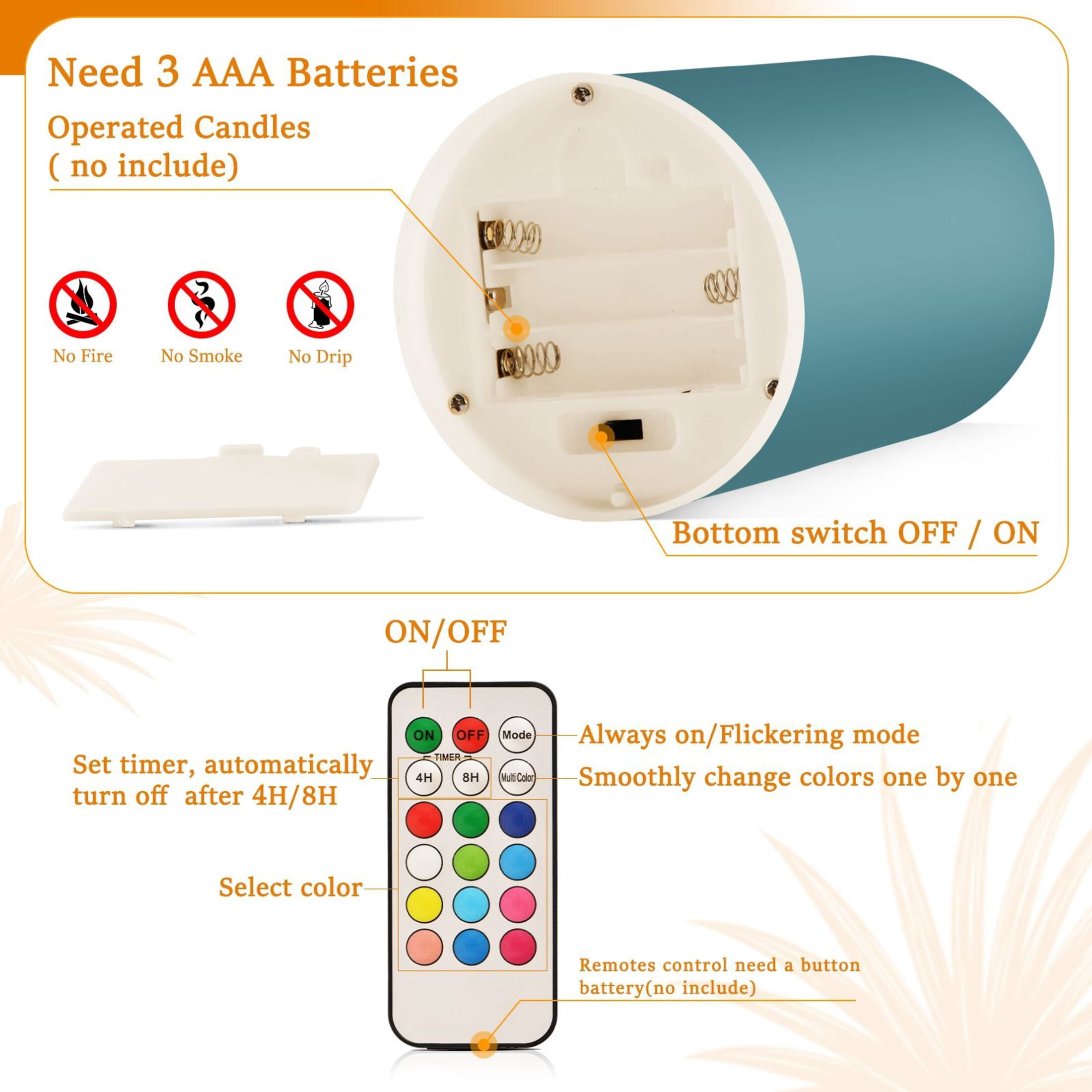 Teal Flickering Flameless Candles Battery Operated with Remote Timer LED Pillar Candles Set of 2