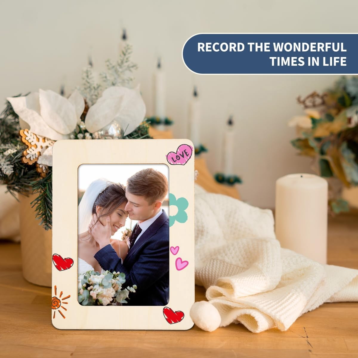 Picture Frame Painting Craft Kit for 4 * 6 Photo,10Pcs DIY Unfinished Wooden Picture Frames with 12Pcs Painting Color Pen 4 Sheets Crystal Diamond Stickers for DIY Craft
