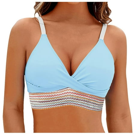 BSDJILFG Bikini Tops for Women Push Up Bra Ruched Full Coverage Wire-Free Color Blocked Rhinestone Soft Cups Padded Slim Fit Swimsuit Top Clearance