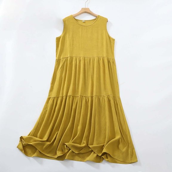 Xaqiouau Women's Sleeveless Round Neck Tiered Maxi Dress Casual Loose Flowy Comfy Ruffled Long Dress Lightweight Summer Beach Vacation Boho Elegant Versatile Wear