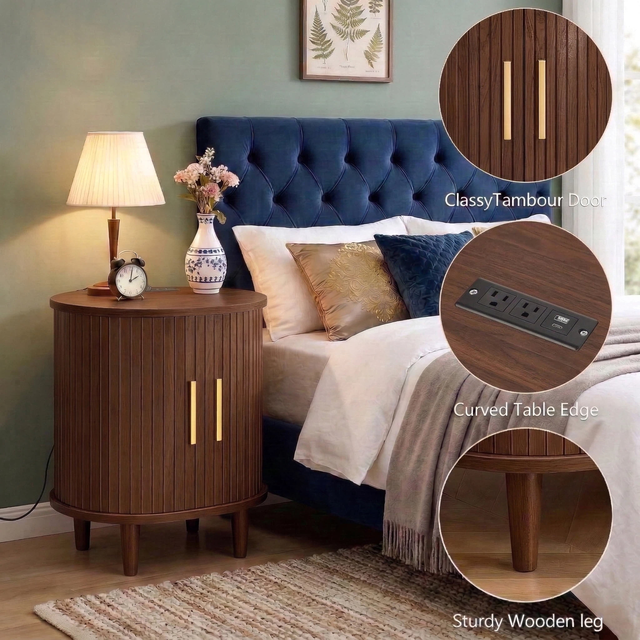Aisword Nightstand with Charging Station, Fluted Accent Side Table with Sliding Door and Adjustable Shelf, End Table for Small Space, Walnut