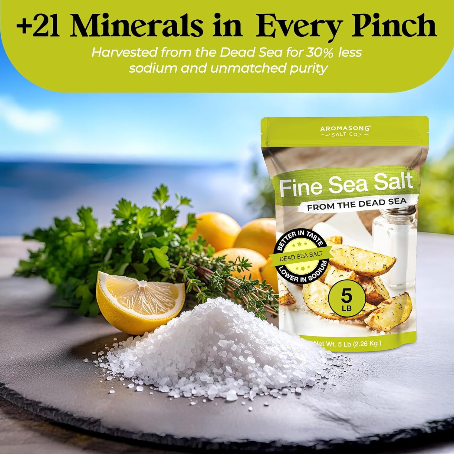 Aromasong Fine Dead Sea Salt – 100% Pure & Natural Table Salt for Cooking & Baking – Fine Grain – Bulk 5 lb