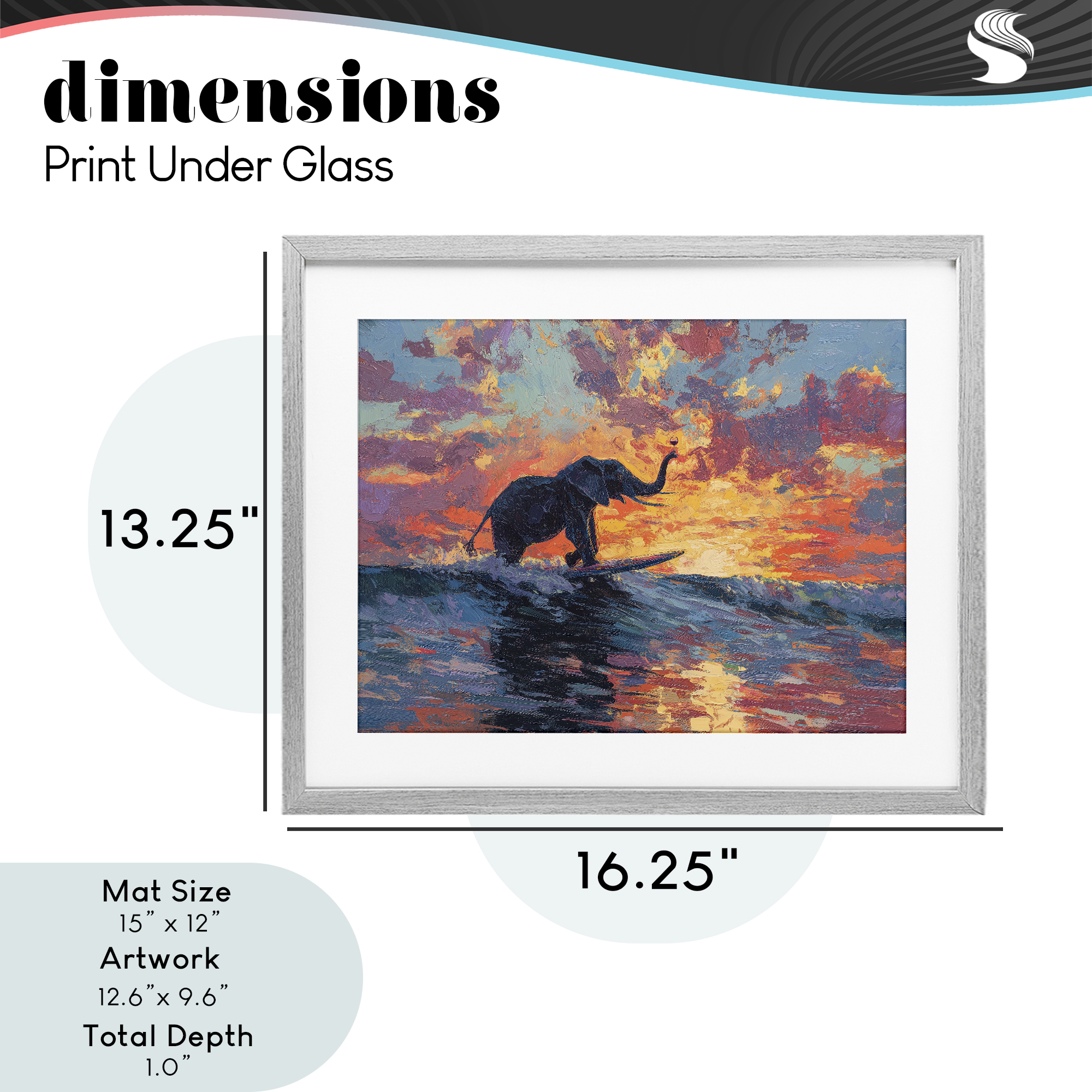 Sunset Surf Elephant Gray Framed Print Under Glass, design by Ziwei Li