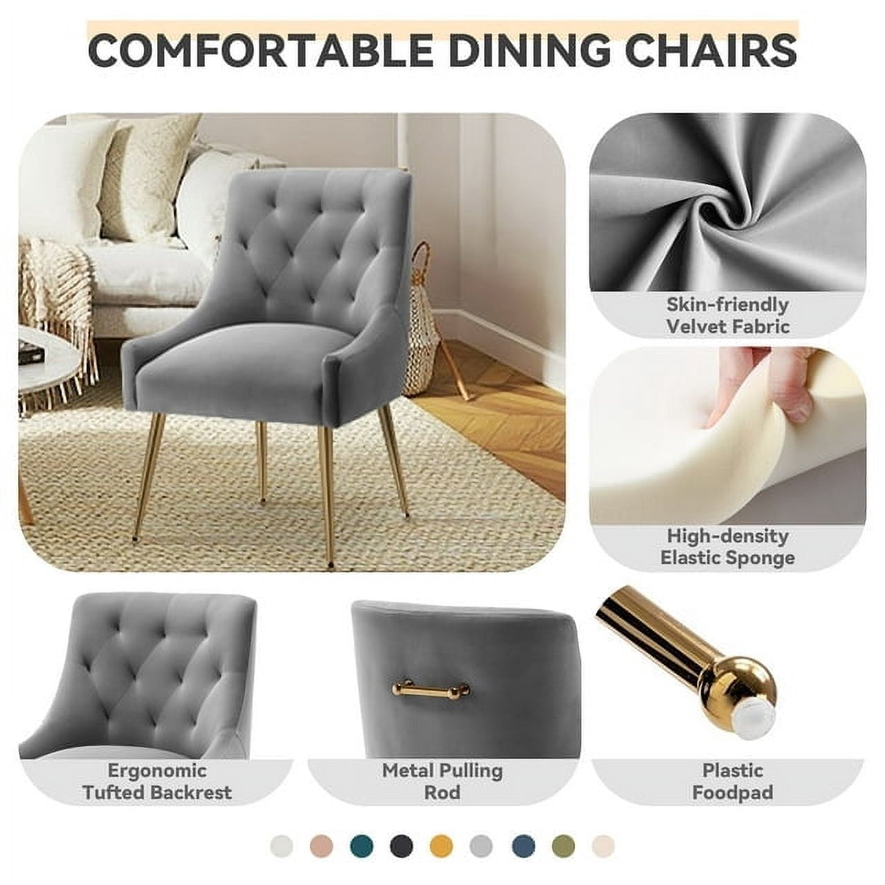 SEYNAR Modern Velvet Dining Chairs Set of 2, Tufted Back Accent Chair for Living Room,Grey