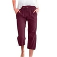 thumbnail image 1 of Women Casual Capris Straight Leg Drawstring Elastic Waist Linen Pants with Pockets, 1 of 5