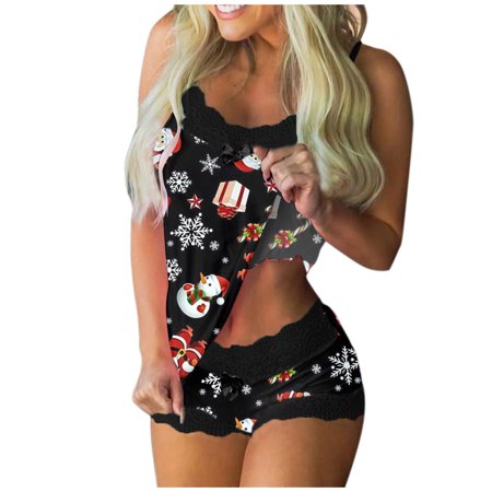 

Randolph Women Christmas Print Pajamas Sleeveless Lace Cami Shorts Lingerie Sleepwear Set