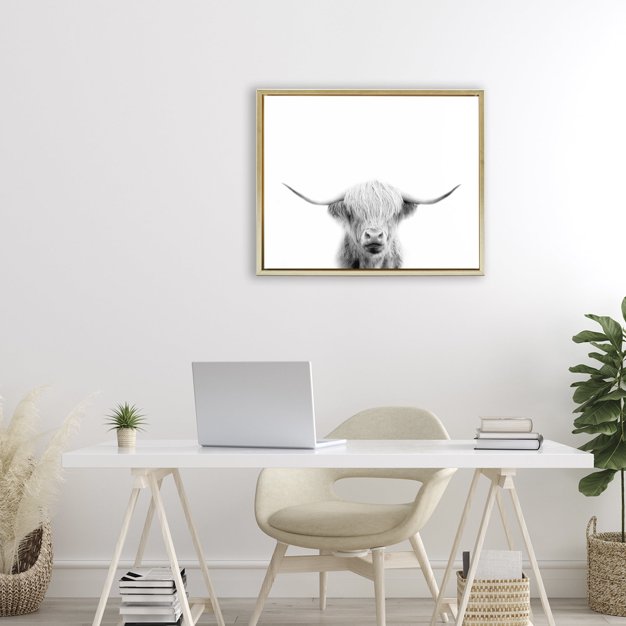 Stupell Industries Scottish Cow Portrait Gold Framed Floater Canvas Wall Art, design by Leah Straatsma