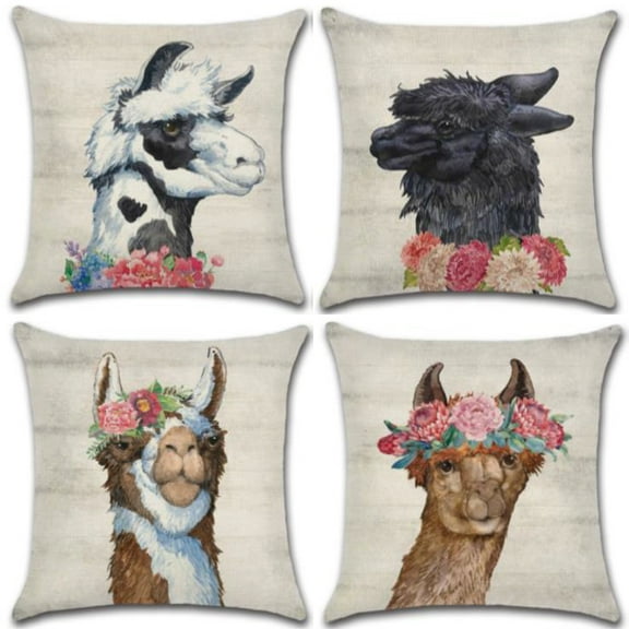 Lamas with Flowers Pattern Design Cotton Linen Fabric Portrait Decorative Indoor Outdoor Throw Pillow Cover Set 18x18