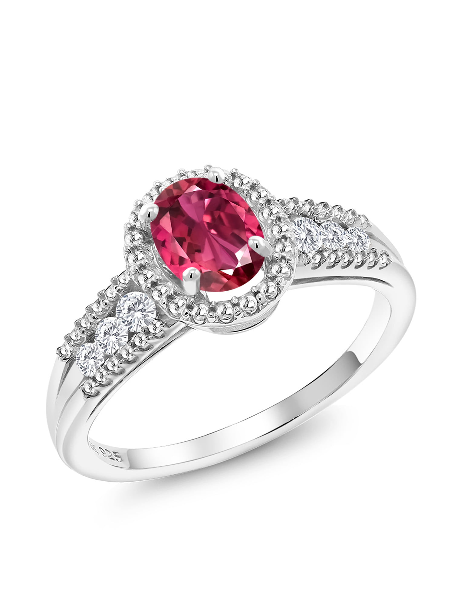 Gem Stone King 0.89 Ct 3.5mm Round Pink Tourmaline Red Rhodolite Garnet 925 Sterling Silver Wedding Band Ring