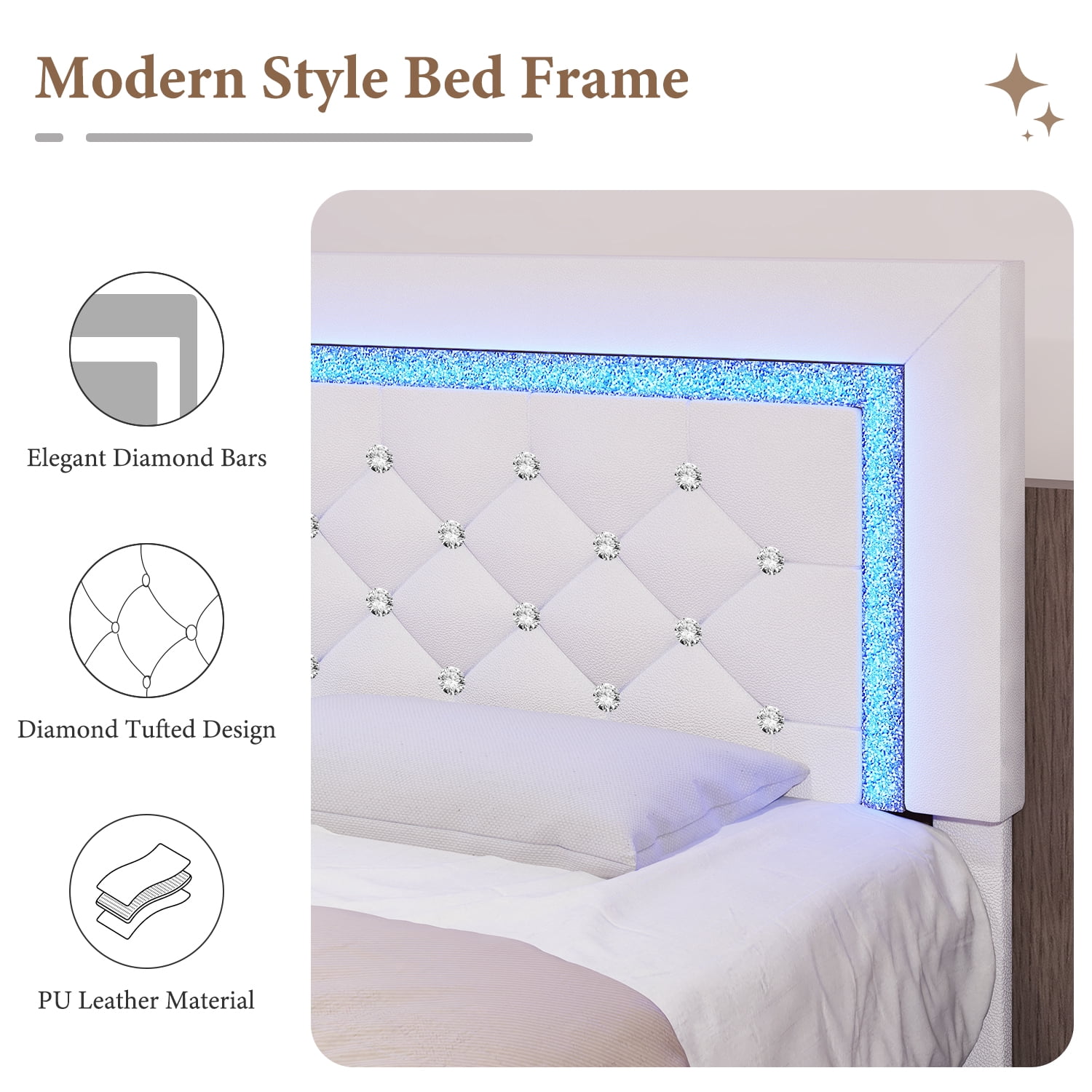 4 Ever Winner Twin Size Upholstered Bed Frame with LED Light, 2 Drawers, Diamond Tufted Headboard, White