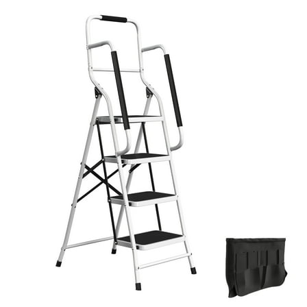 Stalwart 4 Step Stool Folding Ladder with Handrails and Attachable Tool Bag