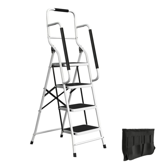 Stalwart 4 Step Stool Folding Ladder with Handrails and Attachable Tool Bag