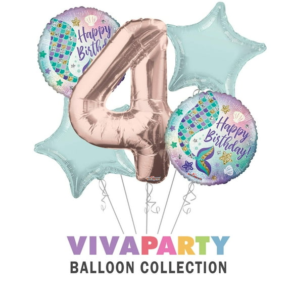Happy Birthday Mermaid Round Balloon Bouquet 5 pc, 4th Birthday, Rose Gold Number 4 Jumbo Balloon | Viva Party Balloon Collection