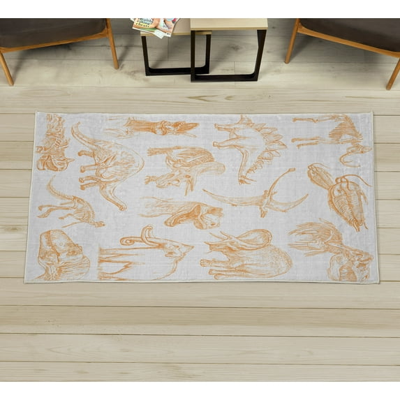 Jurassic Decorative Rug, Arrangement of Various Dinosaurs Illustrations Skeleton Biology Historic, Quality Carpet for Bedroom Dorm and Living Room, 6 Sizes, Pale Orange, by Ambesonne