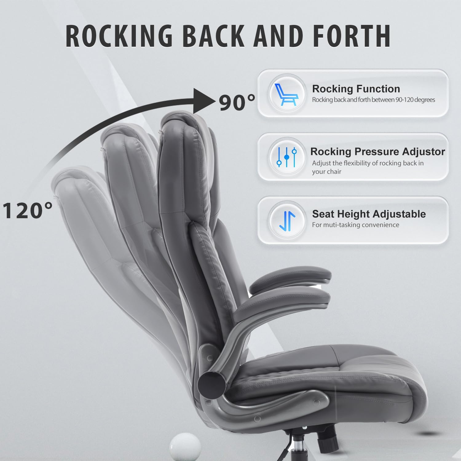 Executive Office Chair with Flip up Arms, Ergonomic PU Leather Office Chairs with Wheels, 90-120° Rocking High Back Office Desk Chair with Lumbar Support, Swivel Task Chairs(Grey)