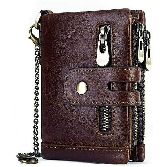 DEFNES Chain Wallets for Men Genuine Leather Bifold Wallet RFID Blocking Mens Purse Credit card With Coin Pocket