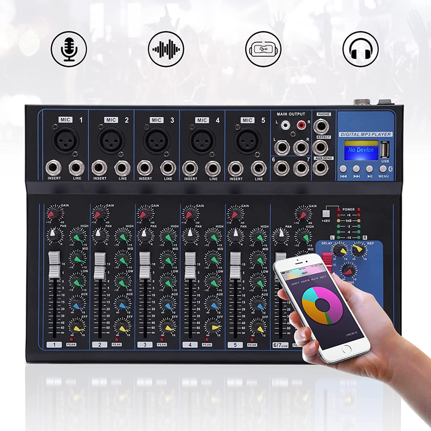 Miumaeov Portability 7-channel Mixer with Monitor Function LCD Display Multi-interface