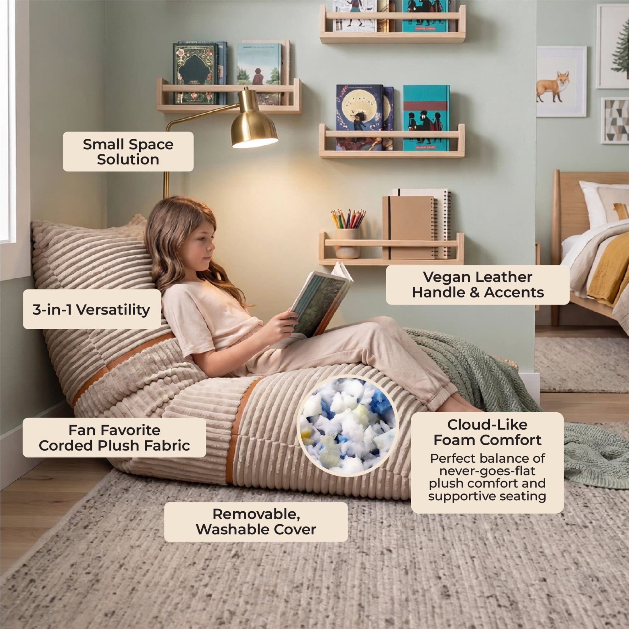 Big Joe Turnabout 3-in-1 Convertible Kids Bean Bag Chair, Vanilla Latte