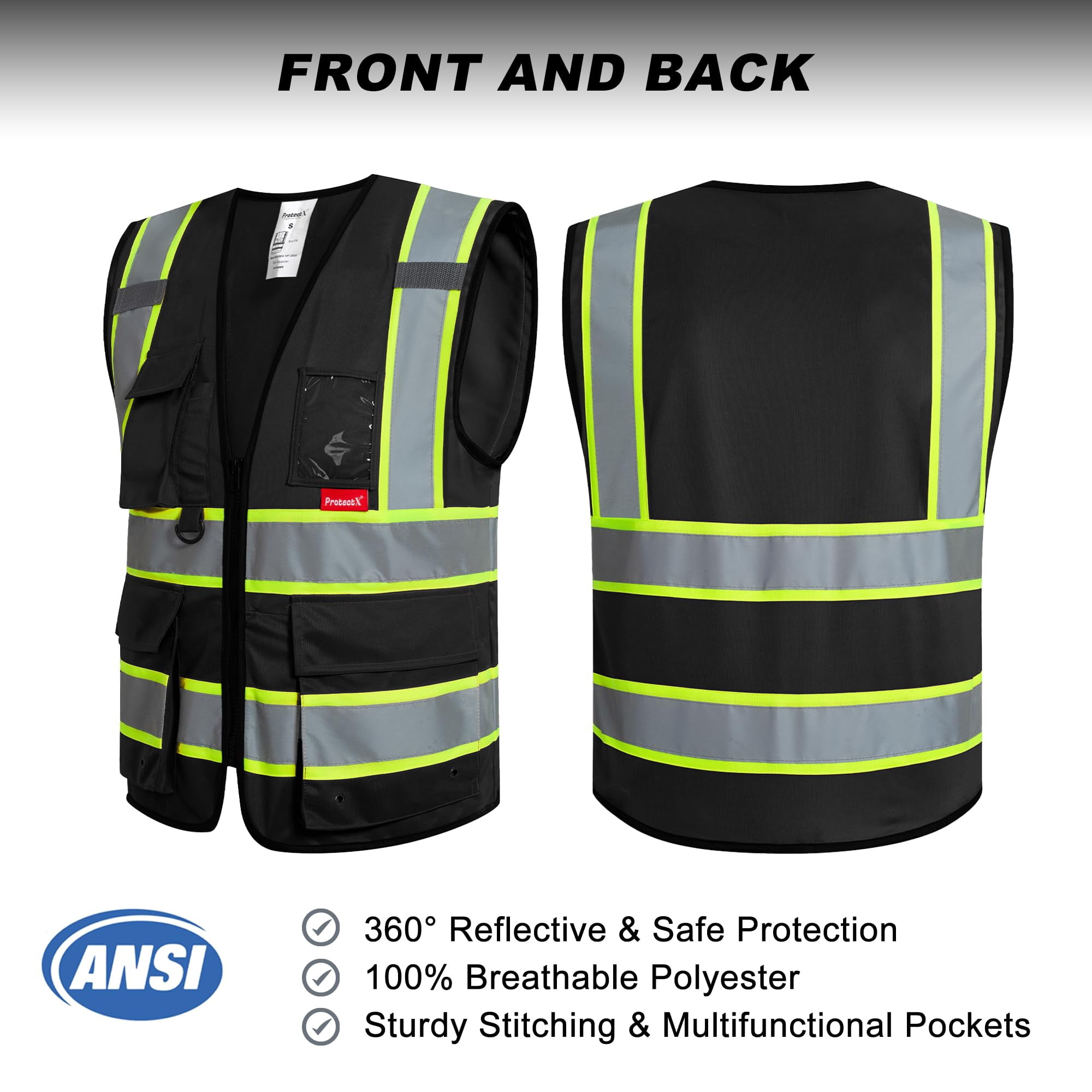 ProtectX Hi Vis Reflective Safety Vest for Men Women High Visibility Construction Work Vest with Pockets Zipper Class 2 Black 4X-Large