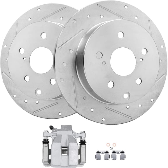 Detroit Axle - 11.06" Rear Drilled & Slotted Brake Rotors   Driver Side Brake Caliper Replacement for 2010-2012 Lexus HS250H - 3pc Set