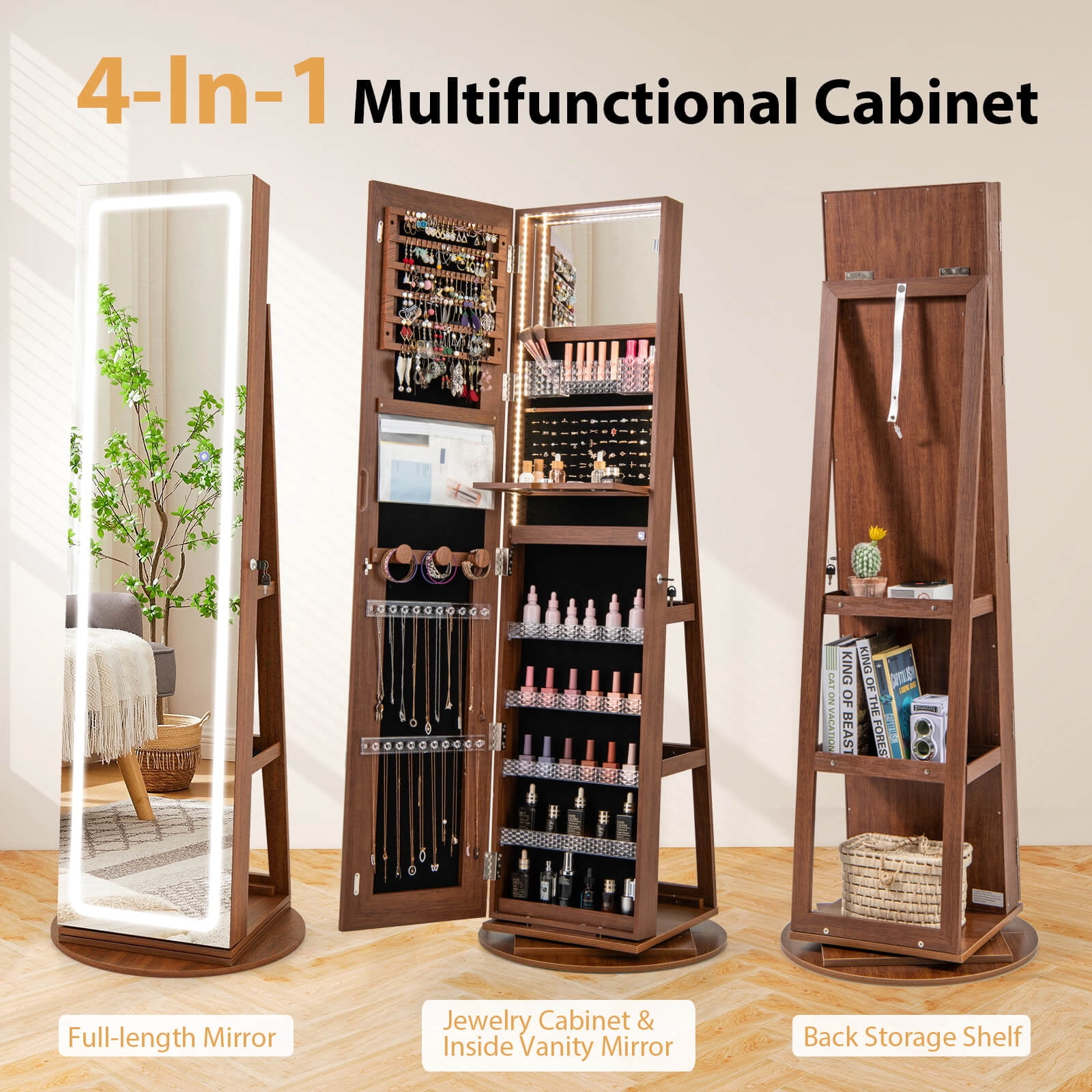 Costway 360° Swivel Jewelry Cabinet Organizer 3-Color LED Mirror with Built-in Lights Brown