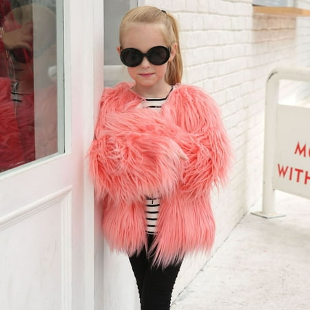 

RPVATI Toddler Baby Girls Open Front Faux Fur Jacket Thicken Crew Neck Coat Winter Warm Long Sleeve Clothes 1Y-7Y