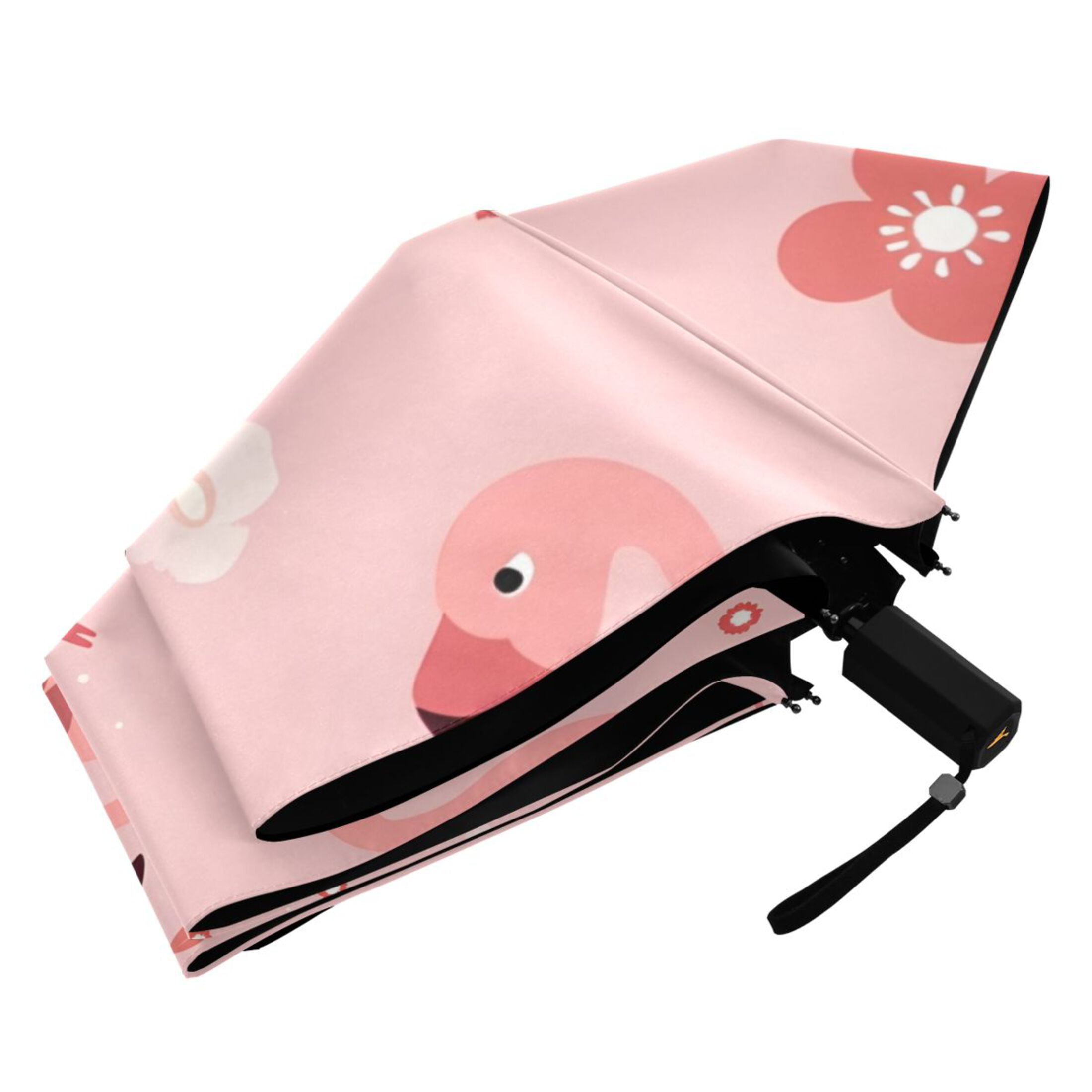 Flamingos and Flowers All Weather Umbrella Triple Folding Parasol 6 Ribs UV Protection Portable