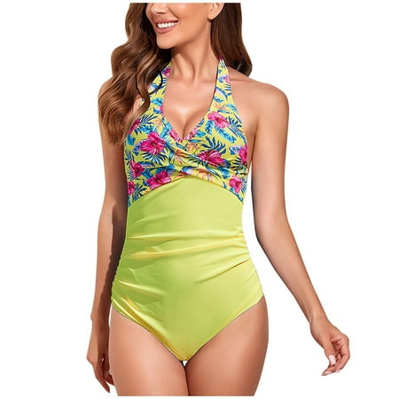 Frostluinai Savings Clearance Ladies Halter V Neck One Piece Swimsuit Floral Printed Ruched Criss Cross Tummy Control Bathing Suit