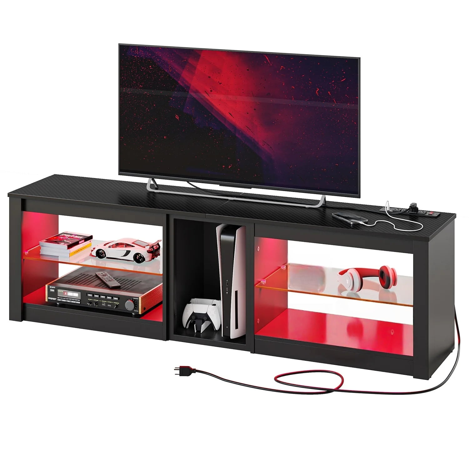 Bestier TV Stand for TVs up to 70" with LED Light, Entertainment Center for PS5 with Shelves, Wash White