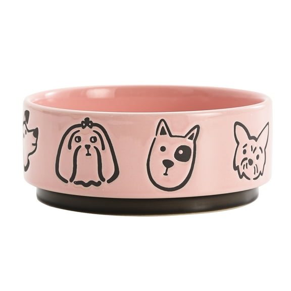 Bico Cute Dog Face Pink Ceramic 26oz Pet Bowl, for Medium Size Dog, Puppy, Durable and Dishwasher Safe Stoneware