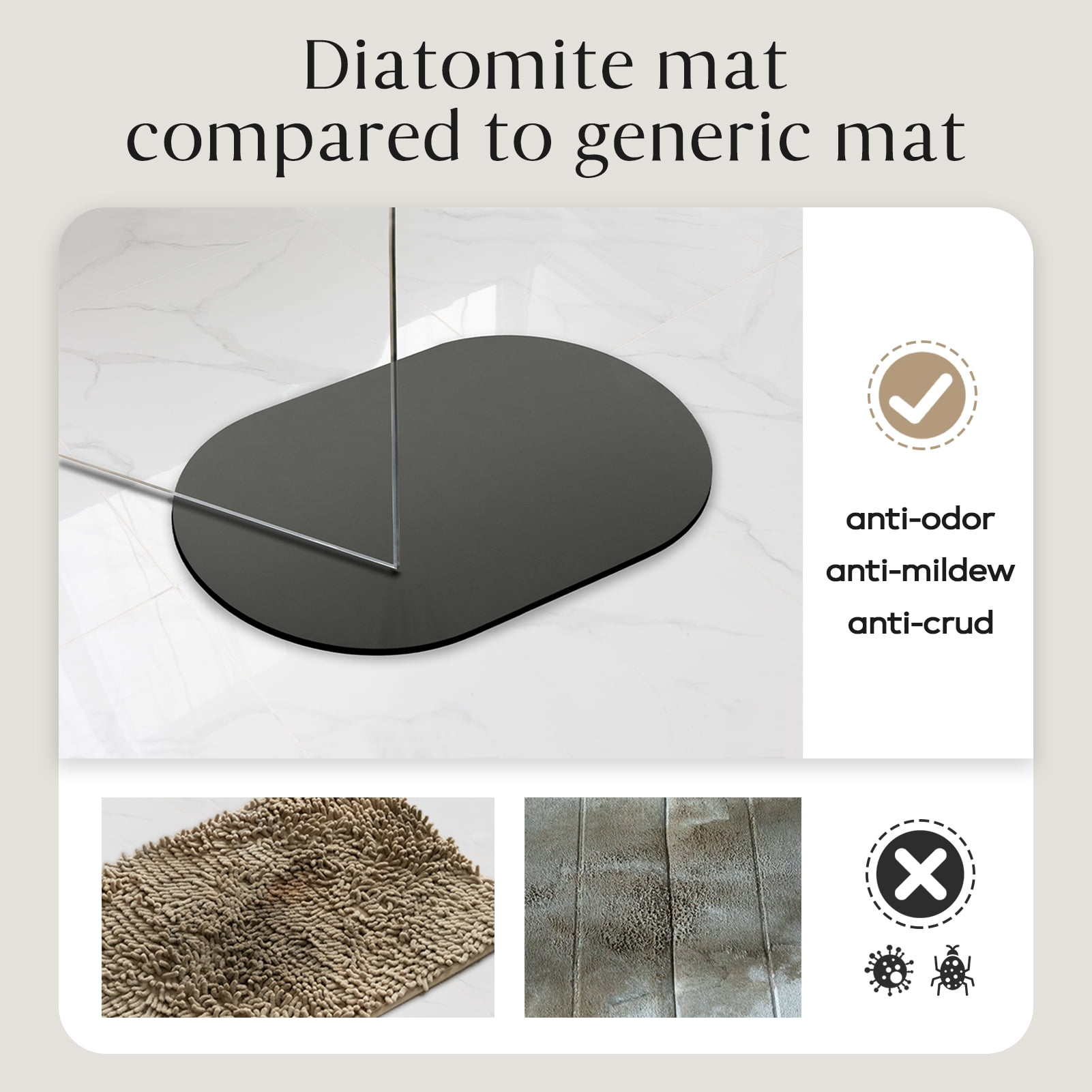 Phantoscope 2-Piece Diatomite Stone Bath Mat Set, Quick-Dry Non-Slip Bathroom Rugs, Black, 17 x 24 in and 20 x 32 in