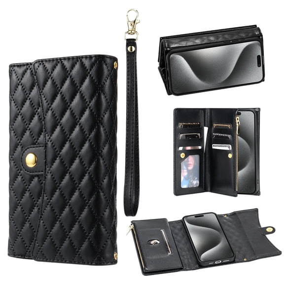SaniMore for iPhone 14 Pro Max Wallet Case, PU Leather Wrist Shoulder Strap Flip Stand Card Slots RFID Blocking Zipper Purse Shockproof Anti-fall TPU Inner Shell Flip Folio Protective Cover, Black
