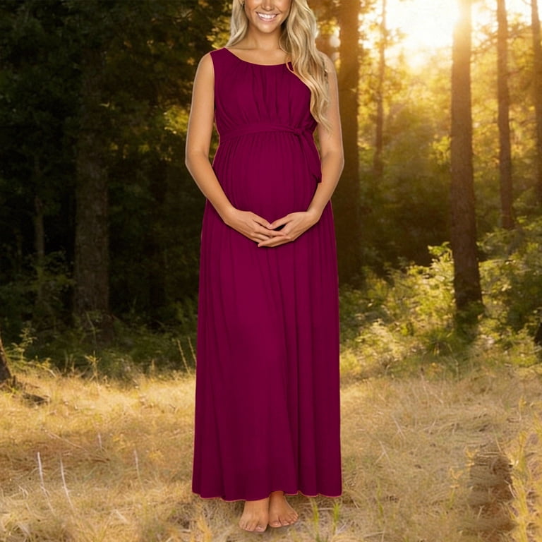 sleeveless empire waist maternity maxi dress Gyujnb Scoop Round Neck Sleeveless Maternity Maxi Dress Front Gathered  Pleated Bust Matching Self Tie Empire Waist Flowy Chiffon Loose A Line Gown  Elegant Outfit,L