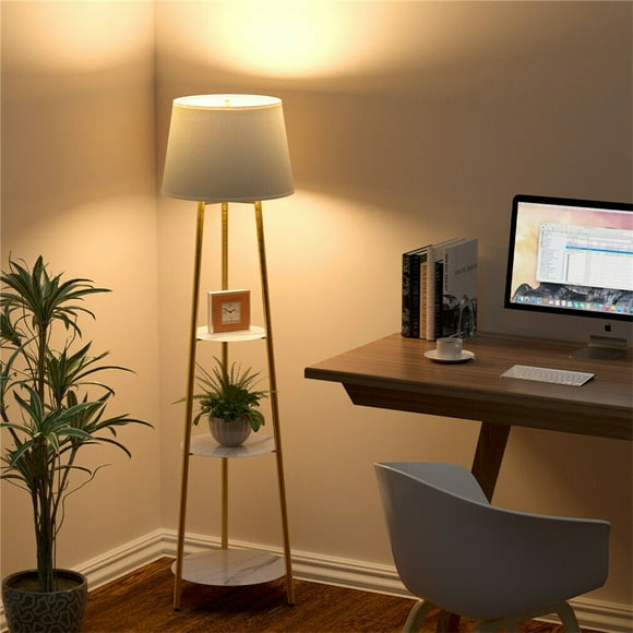 LUVODI Standing Floor Lamp with Shelves 3-Tier Tripod Standing Lamp with Lampshade Golden Frame Modern Faux Marble Display Shelf Reading Lamp for Living Room, Bedroom, Office. Plug in Powered