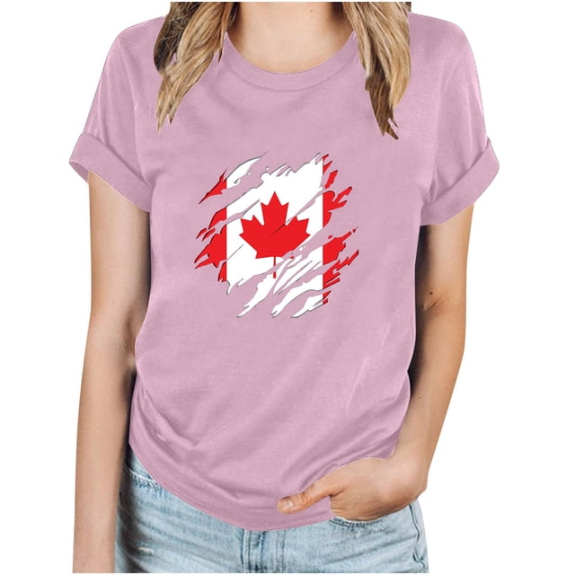 FAIWAD T-Shirt d'Été pour Femmes Fête du Canada Léger à Manches Courtes Col Rond T-Shirts Hauts Imprimé Graphique Blouses de Détente Basiques