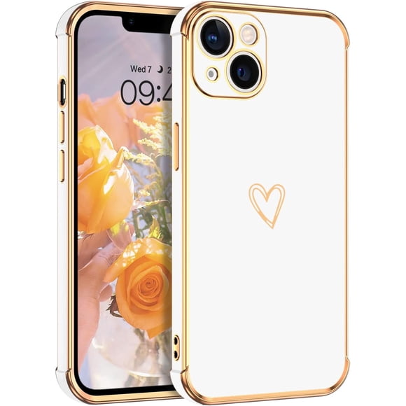 TEMOGU-GUAGUA Case for iPhone 14 6.1" Cute Heart Pattern Soft TPU Plating Cover for Women Girls with Camera Protection & 4 Corners Shockproof Protection Phone Cases for iPhone 14 White