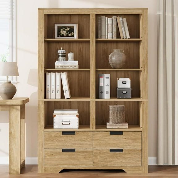 72" Tall Bookshelf,4 Tier Floor Standing Bookcase with 4 Drawers,48" Wide Open Storage Shelf, Modern Display Organizer for Home Office, Living Room, Bedroom